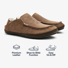 OluKai Men | Moloā Men's Leather Slippers - Toffee / Dark Wood