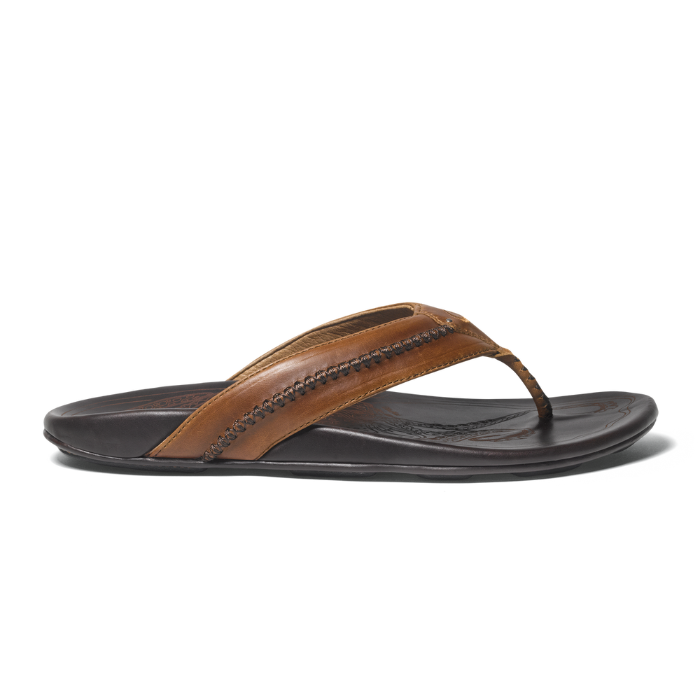 OluKai Men | Mea Ola Men's Leather Sandals - Tan / Dark Java