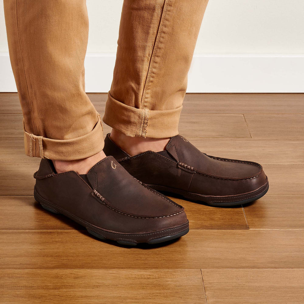 OluKai Men | Moloā Men's Leather Slip On Shoes - Dark Wood / Dark Java