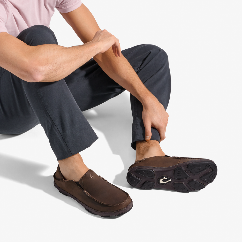 OluKai Men | Moloā Men's Leather Slip On Shoes - Dark Wood / Dark Java