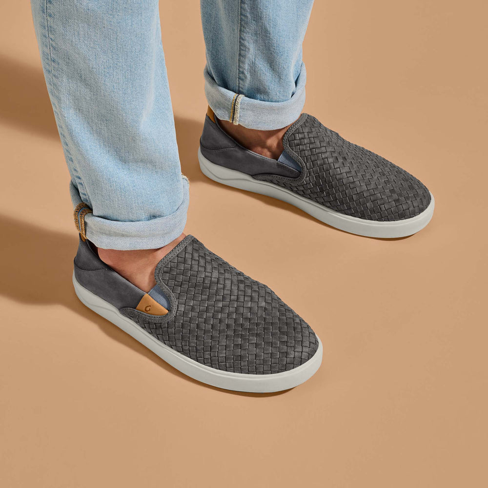 OluKai Men | Lae‘ahi Lauhala Men's Leather Slip-On Sneakers - Ash