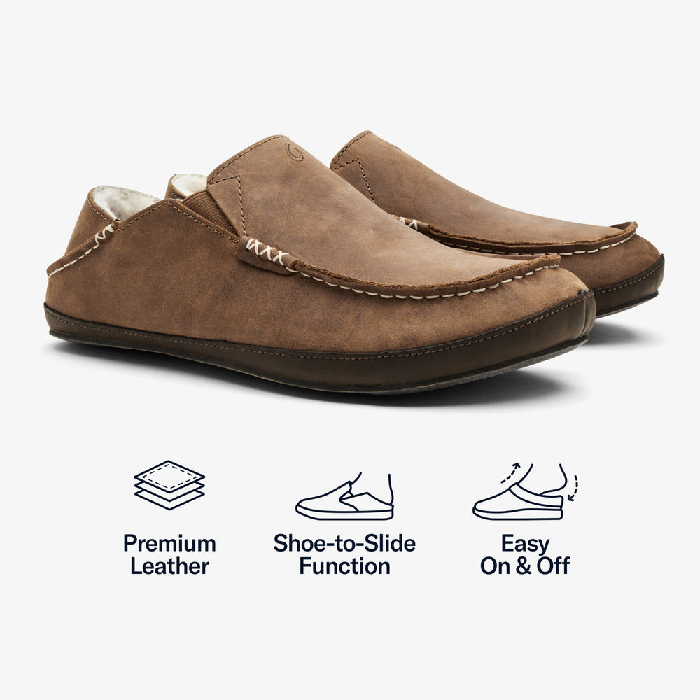 OluKai Men | Moloā Men's Leather Slippers - Toffee / Dark Wood
