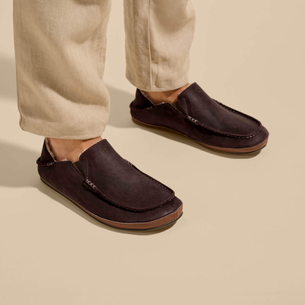 OluKai Men | Moloā Men's Nubuck Leather Slippers - Dark Wood
