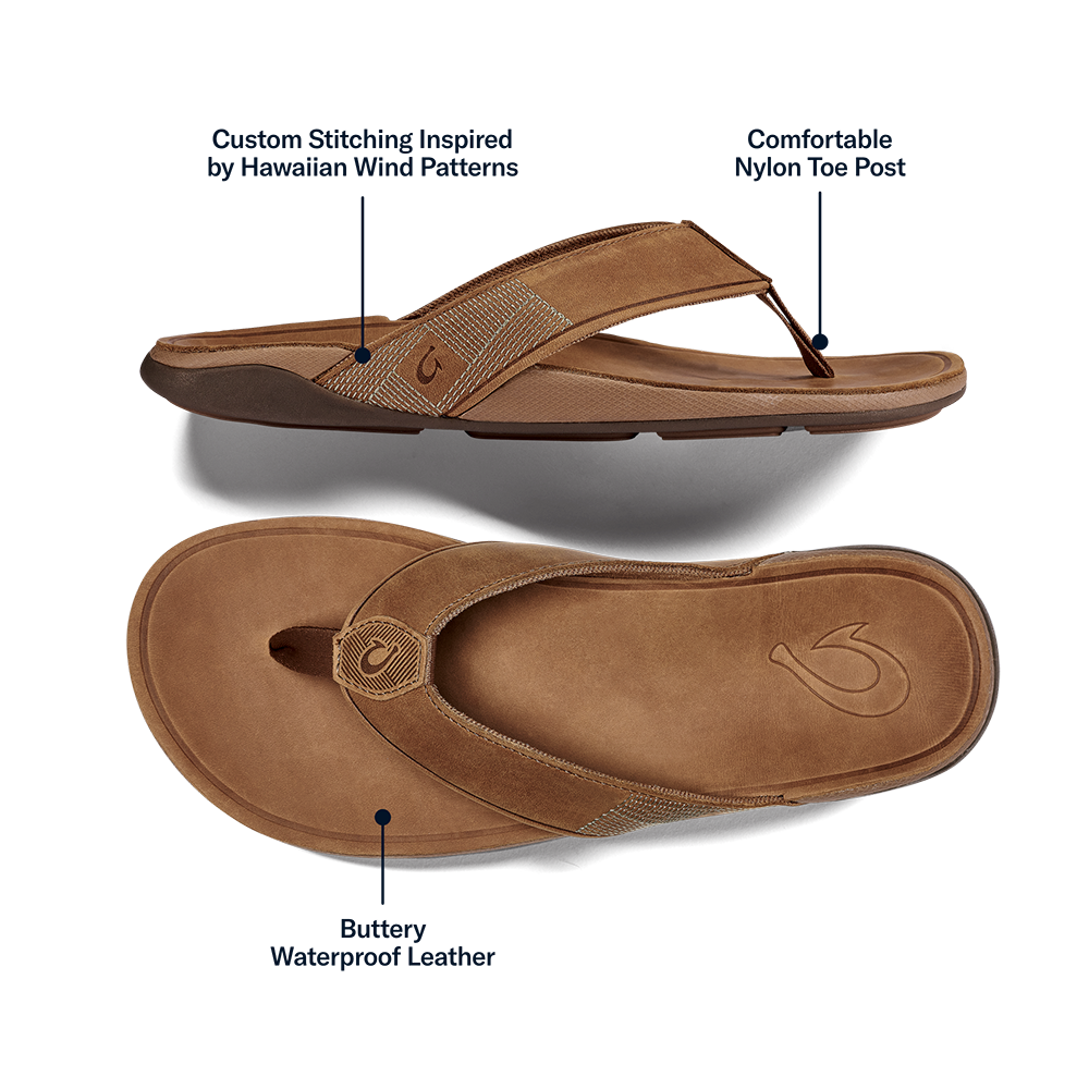 OluKai Men | Tuahine Men's Waterproof Leather Beach Sandals - Toffee