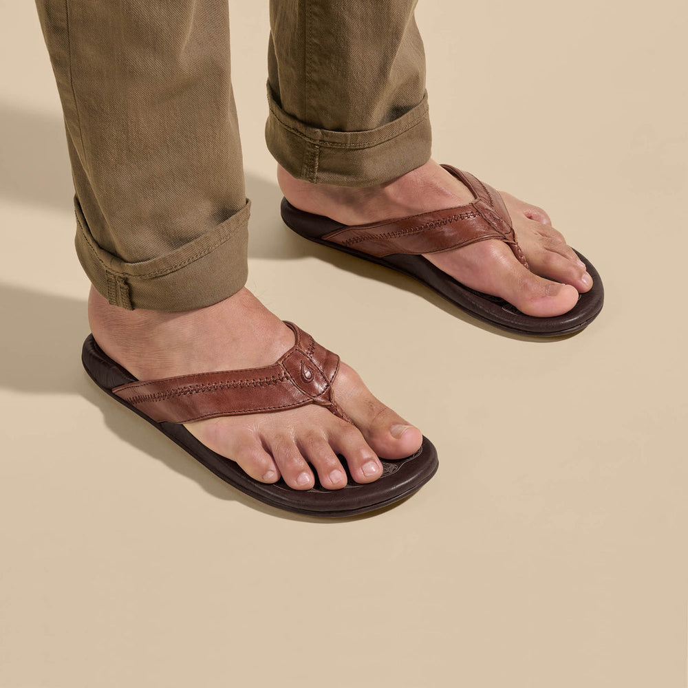 OluKai Men | Hiapo - Rum / Dark Wood Men’s Leather Beach Sandals