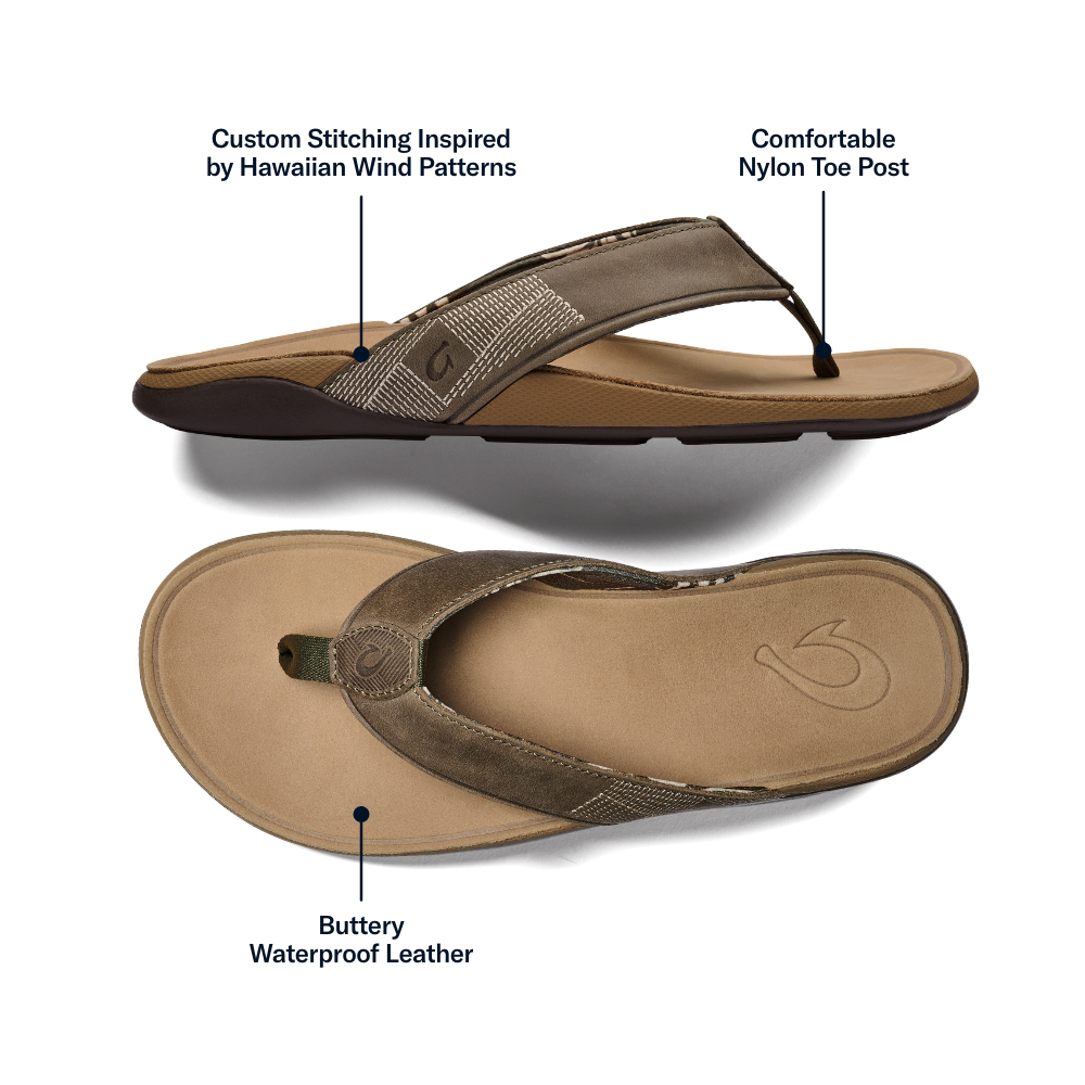 OluKai Men | Tuahine Men's Waterproof Leather Beach Sandals - Hunter