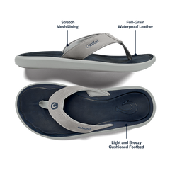 OluKai Men | Pili Men’s Waterproof Leather Sandals - Ash / Mood Indigo