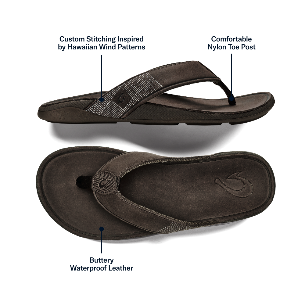 OluKai Men | Tuahine Men's Waterproof Leather Beach Sandals - Dark Wood