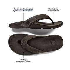 OluKai Men | Tuahine Men's Waterproof Leather Beach Sandals - Dark Wood