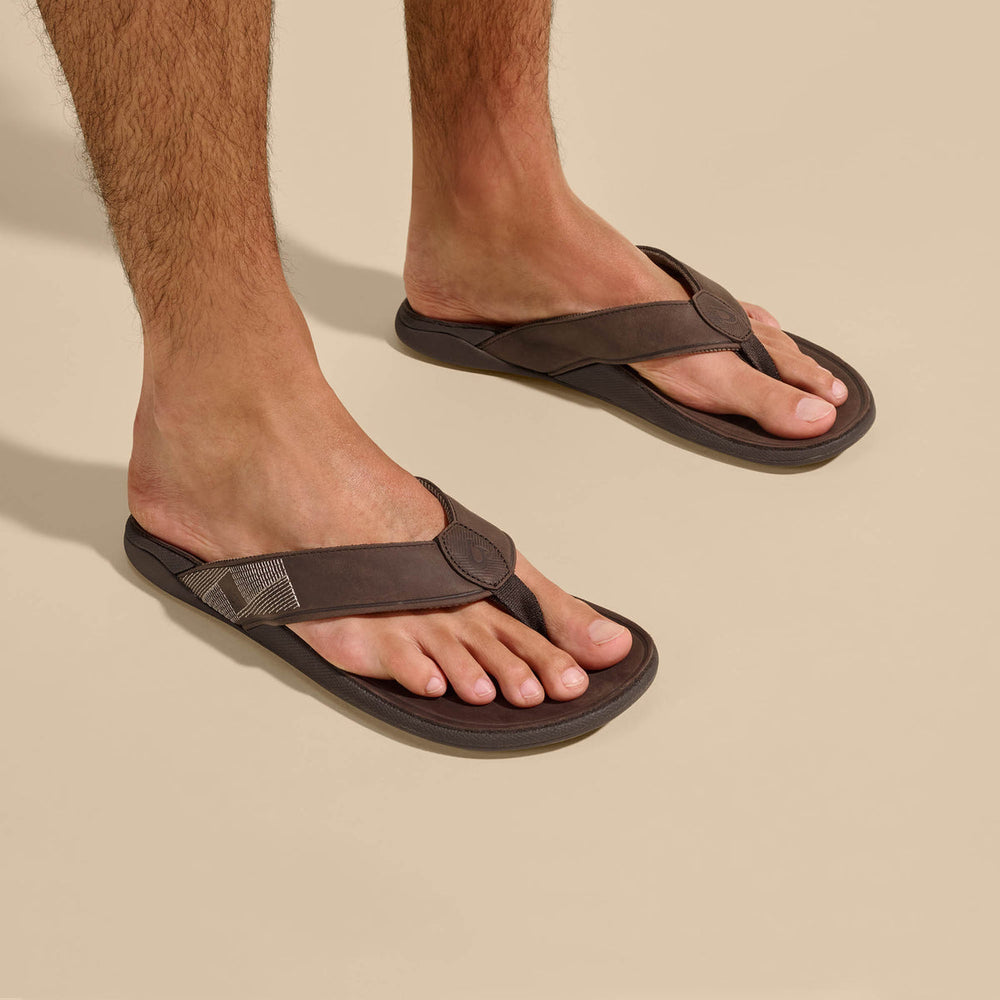OluKai Men | Tuahine Men's Waterproof Leather Beach Sandals - Dark Wood