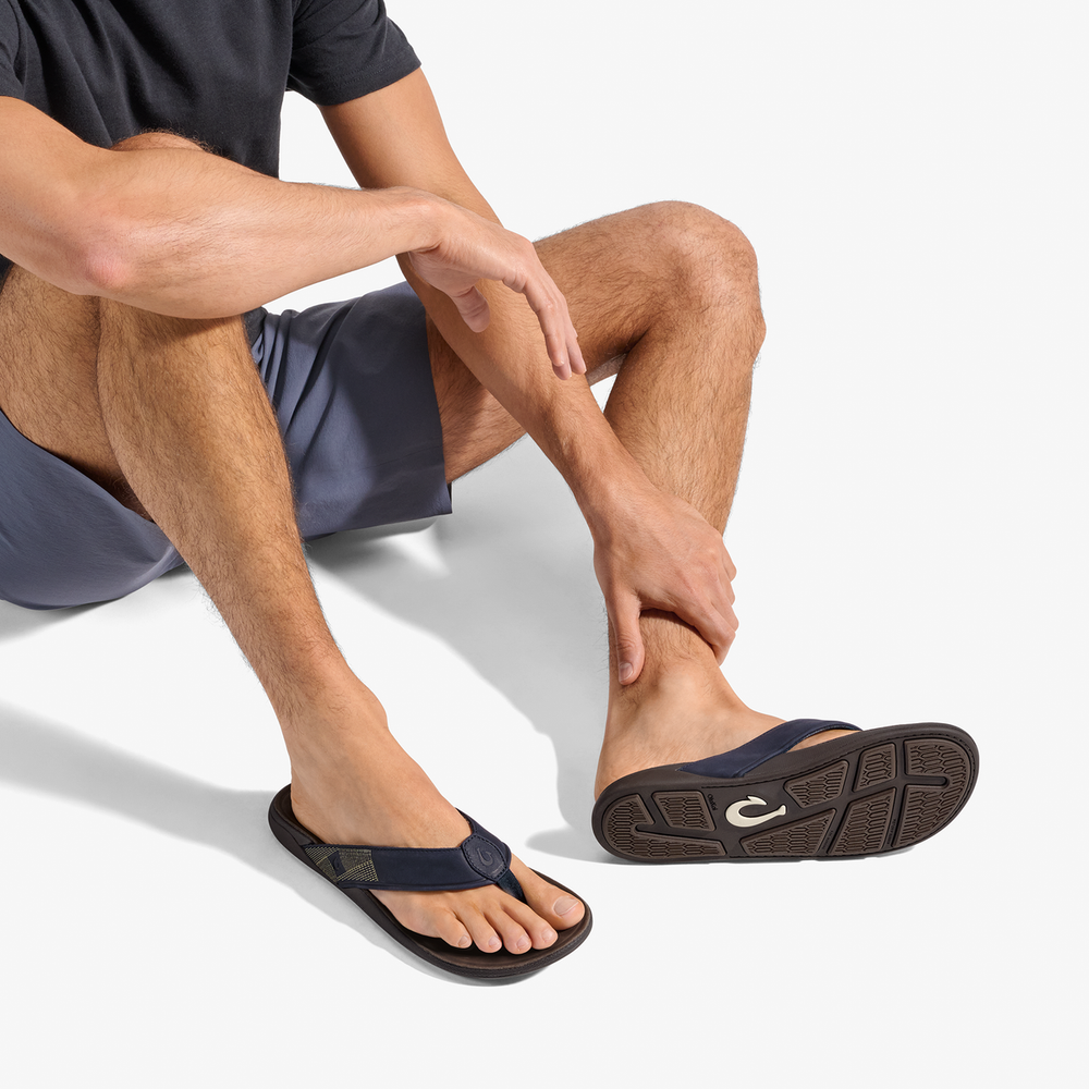 OluKai Men | Tuahine Men's Waterproof Leather Beach Sandals - Trench Blue