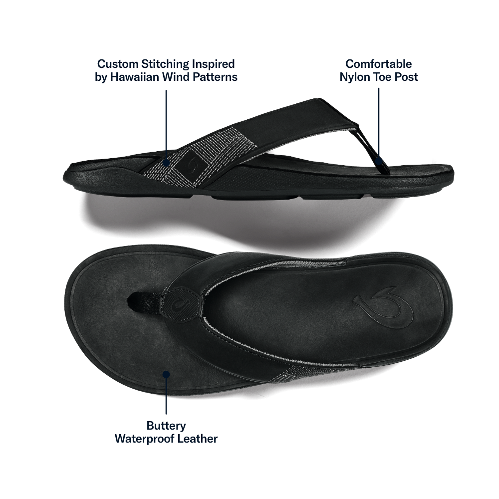 OluKai Men | Tuahine Men's Waterproof Leather Beach Sandals - Black