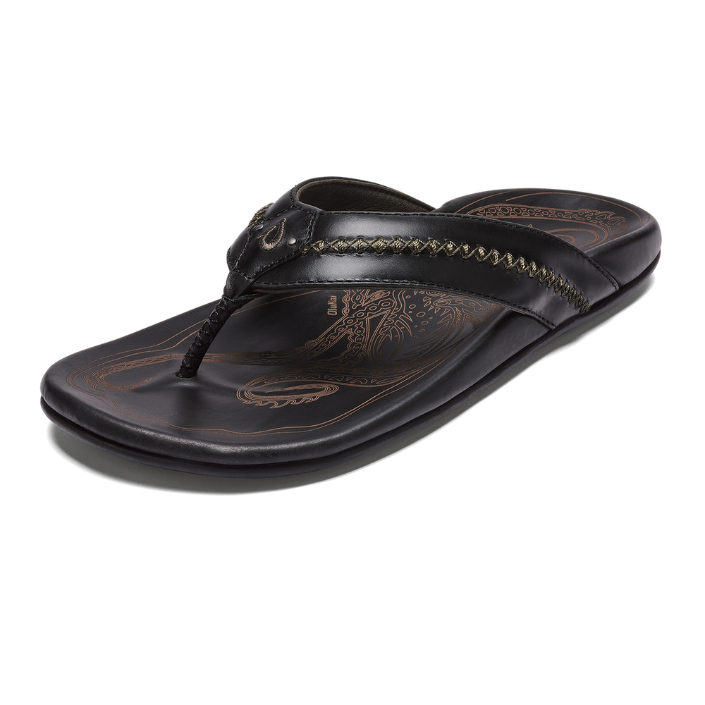 OluKai Men | OluKai Mea Ola - Black | Men's Leather Beach Sandals