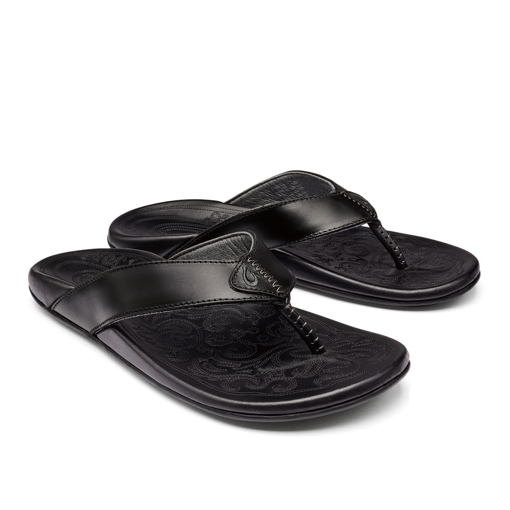 OluKai Men | Mekila Men's Full-Grain Leather Beach Sandals - Black