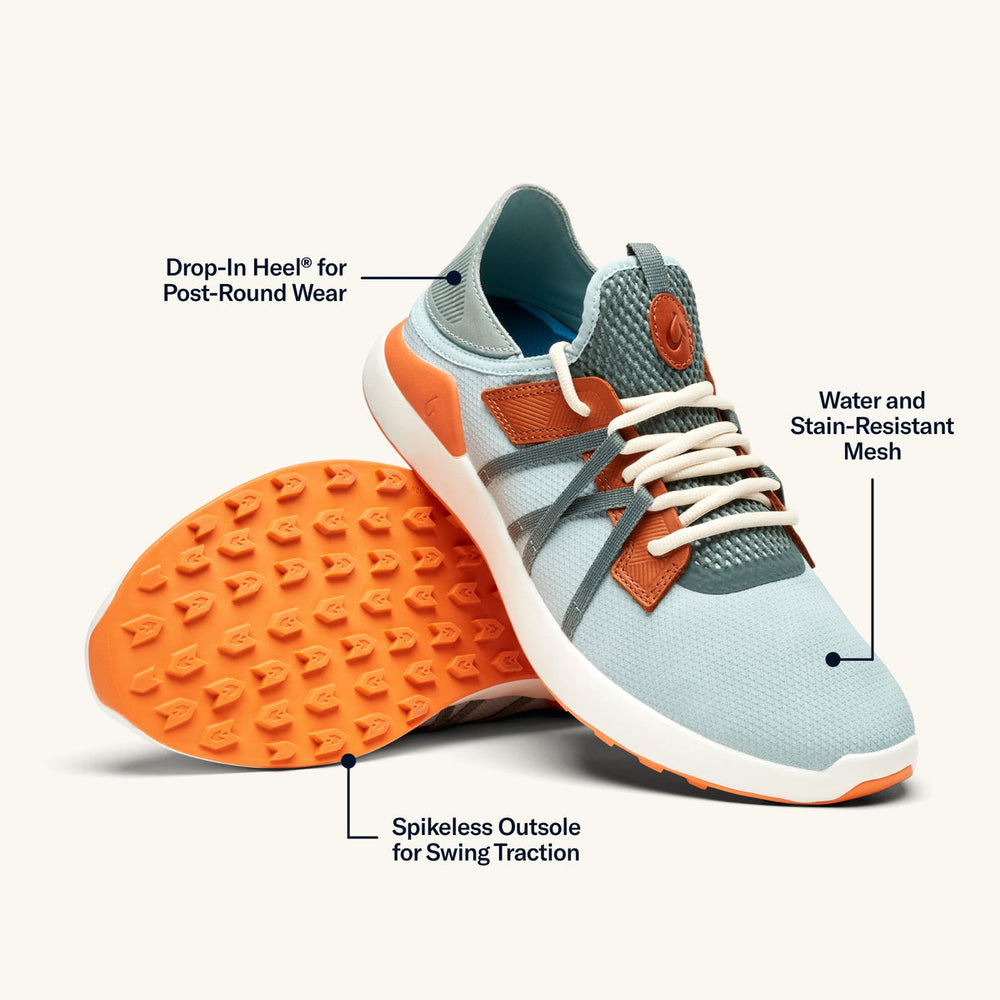 OluKai Men | Manele Men’s Breathable Golf Shoes - Pale Moss / Molten Orange