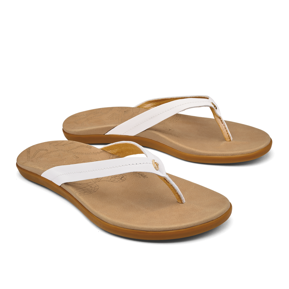 OluKai Women | Honu Women’s Leather Sandals - Bright White / Golden Sand